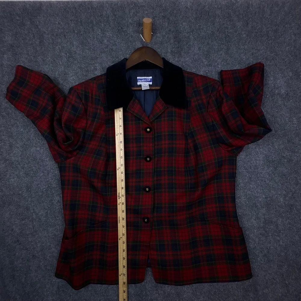Pendleton Plaid Blazer Womens 18W Red Virgin Wool Velvet Collar Jacket USA 0403